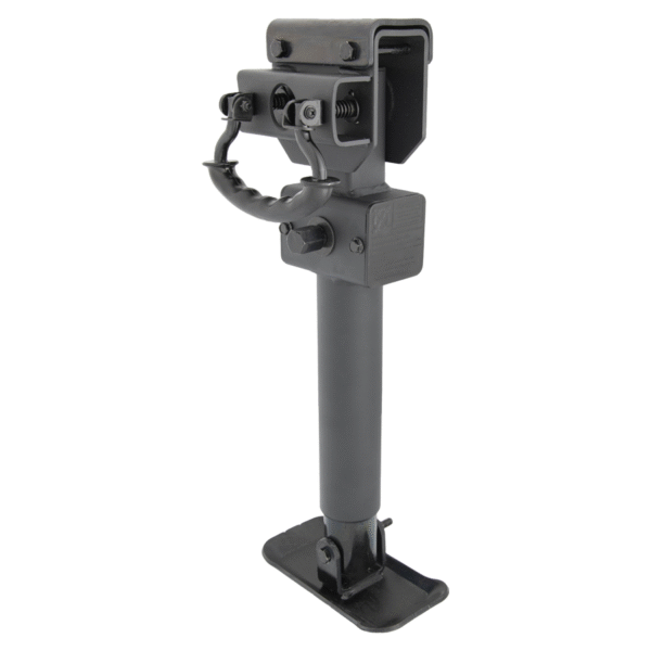 Angled view of black trailer jack with black handle.