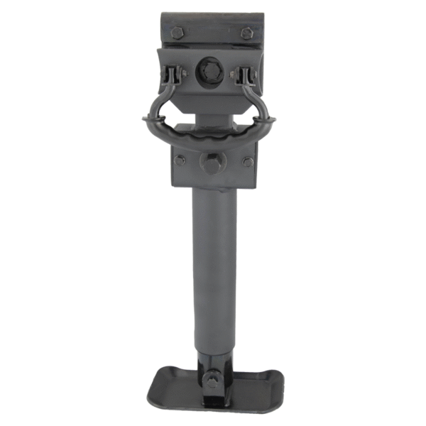 Black trailer jack with black handle.