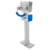 Adjustable trailer jack with blue handle and foot plate.