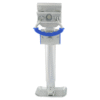 Silver trailer jack with blue handle.
