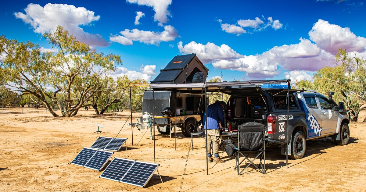 Camper trailer solar panel setup in Australian bush