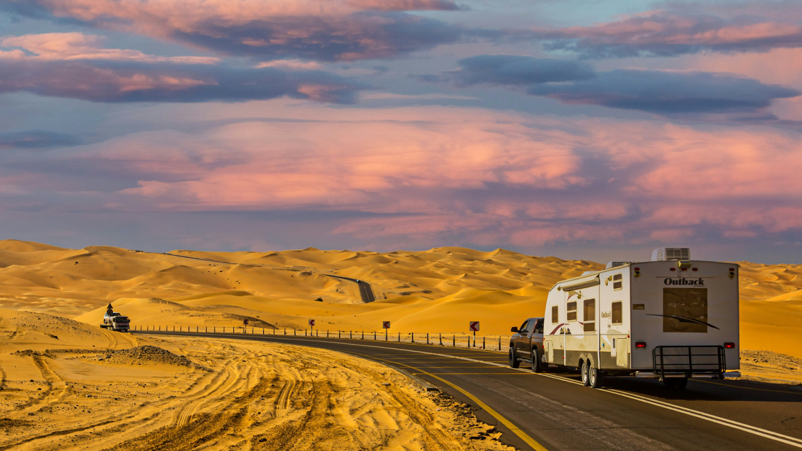 Caravan undertow in the harsh conditions of outback Australia during sunset