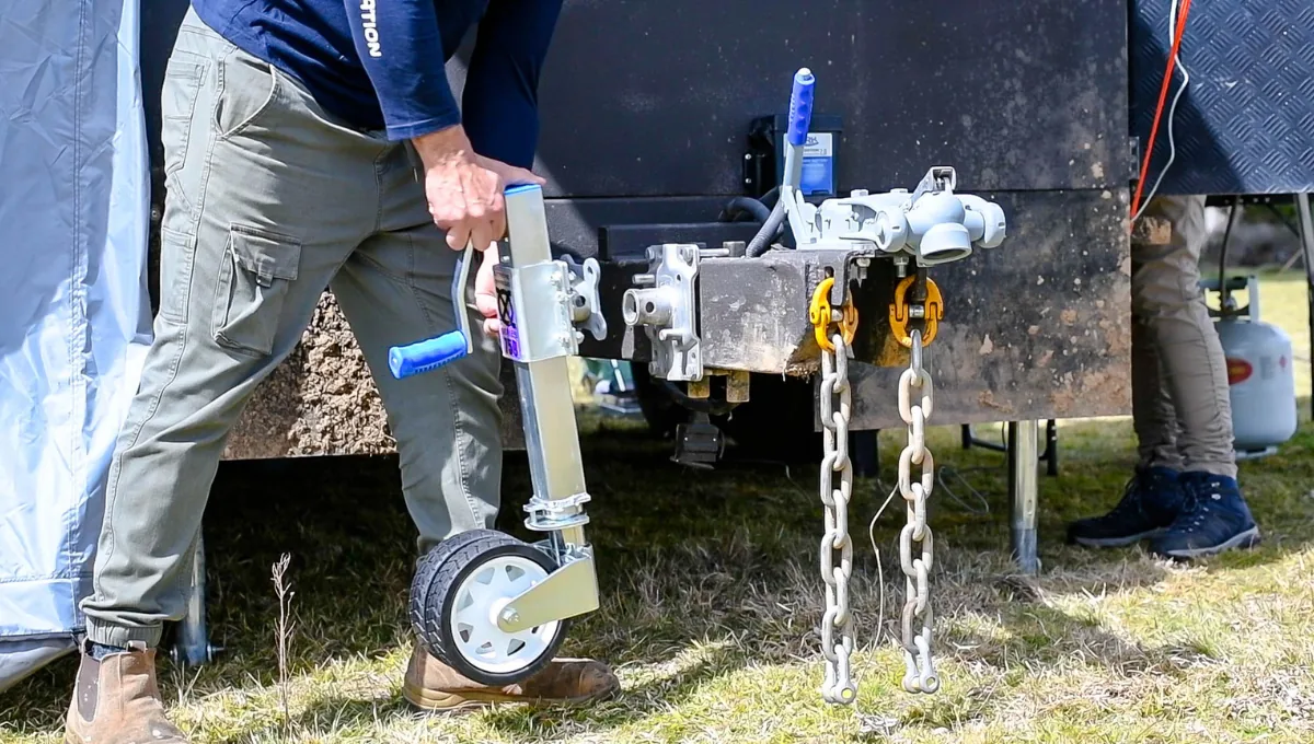 Manoeuvring an off-road camper trailer using the jockey wheel on the drawbar.