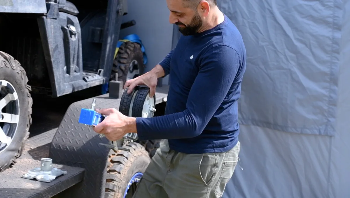 Fitting an ARK XO Series jockey wheel with dual off-road wheels to a camper trailer.